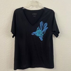 Elegant Black V-Neck Tee with Blue Floral Accent